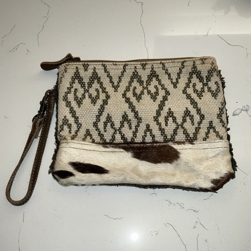 Myra Bag Canvas Cowhide Leather Wristlet Pouch Bag Makeup Wallet Clutch Boho